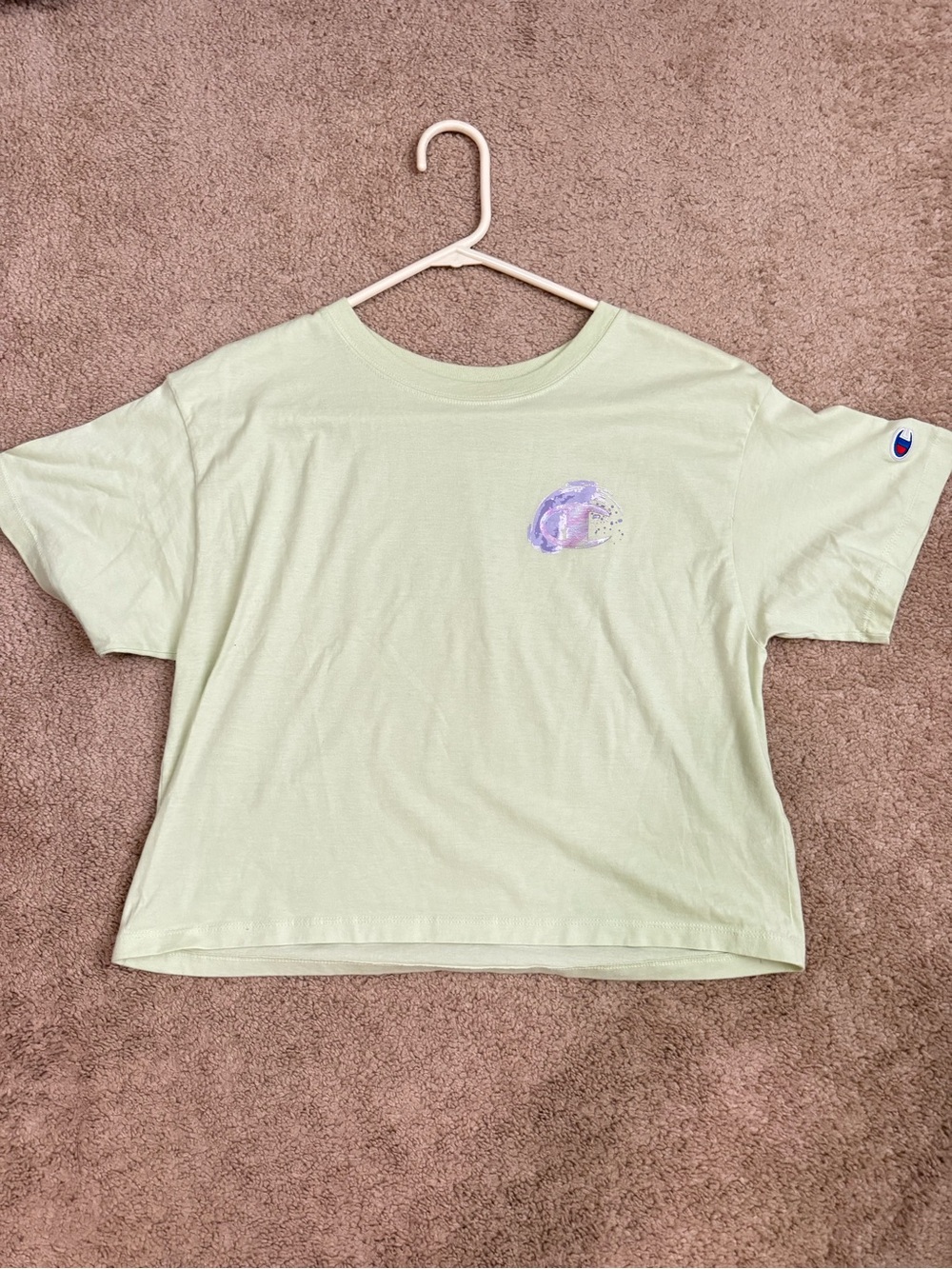 Champion Light Green Crop Tee with Purple Chest Graphic